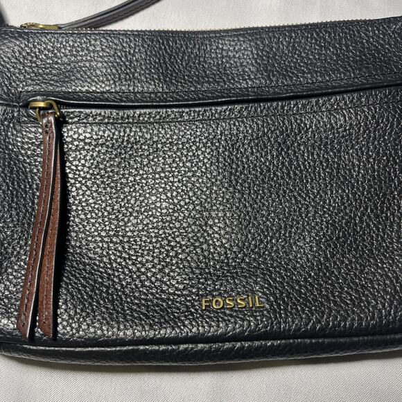 FOSSIL Black Pebbled LEATHER Multi Pocket Crossbody Shoulder Bag Purse Classic - Picture 2 of 15